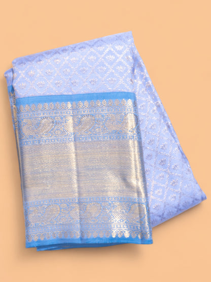 Kanchipuram Silk Criss Cross Checks And Butta Pastel Blue Saree