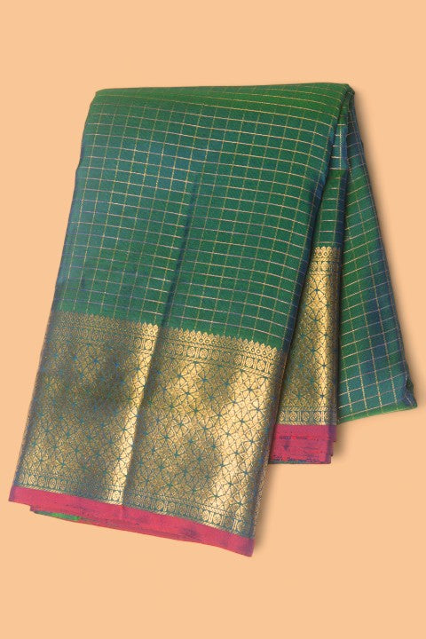Kanchipuram Silk Checks Dual Tone Green And Blue Saree