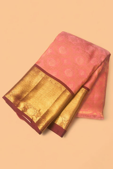 Kanchipuram Silk Criss Cross Checks And Butta Peach Saree