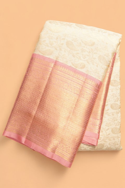 Kanchipuram Silk Brocade Cream Saree