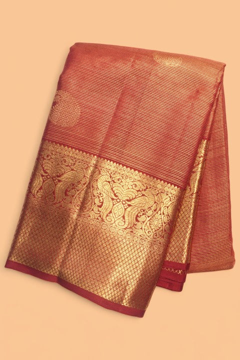 Kanchipuram Silk Oosi Lines And Butta Burgundy Saree