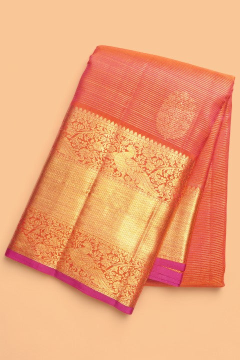 Kanchipuram Silk Oosi Lines And Butta Dual Tone Pink And Orange Saree