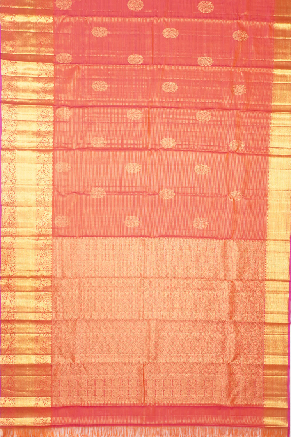 Kanchipuram Silk Oosi Lines And Butta Dual Tone Pink And Orange Saree