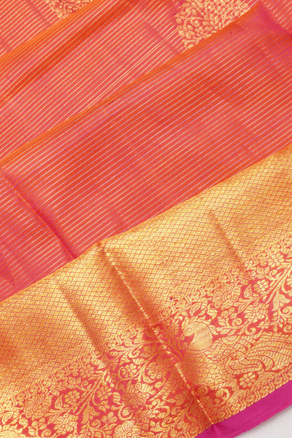 Kanchipuram Silk Oosi Lines And Butta Dual Tone Pink And Orange Saree