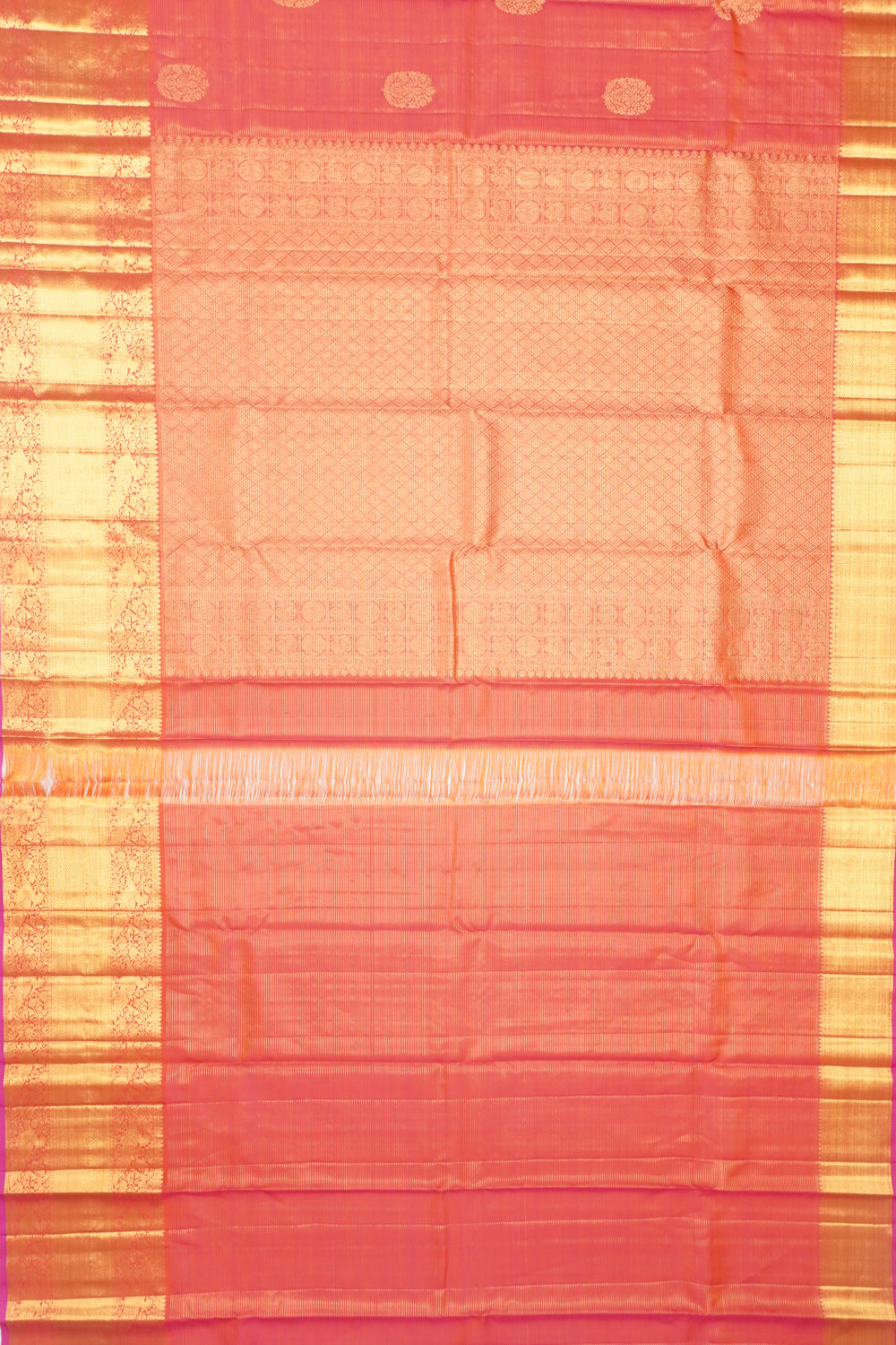 Kanchipuram Silk Oosi Lines And Butta Dual Tone Pink And Orange Saree
