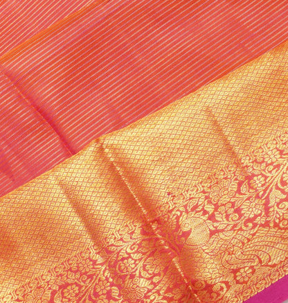 Kanchipuram Silk Oosi Lines And Butta Dual Tone Pink And Orange Saree