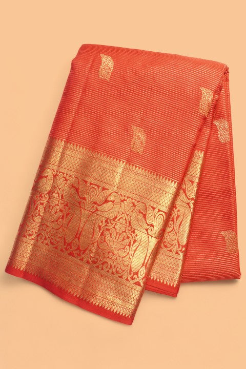 Kanchipuram SIlk Oosi Lines And Butta Red Saree