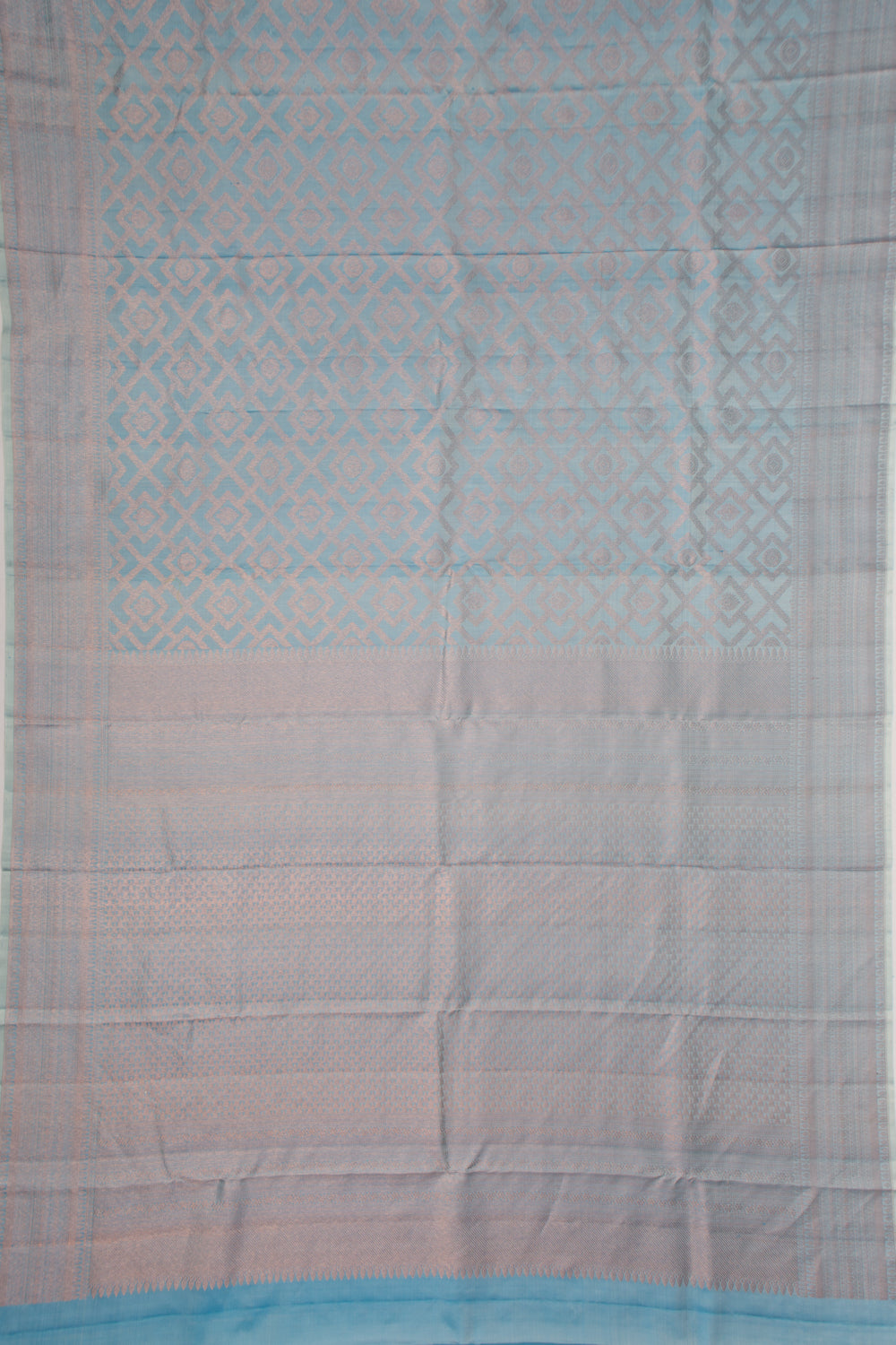 Kanchipuram Silk Tissue Criss Cross Checks And Butta Sky Blue Saree