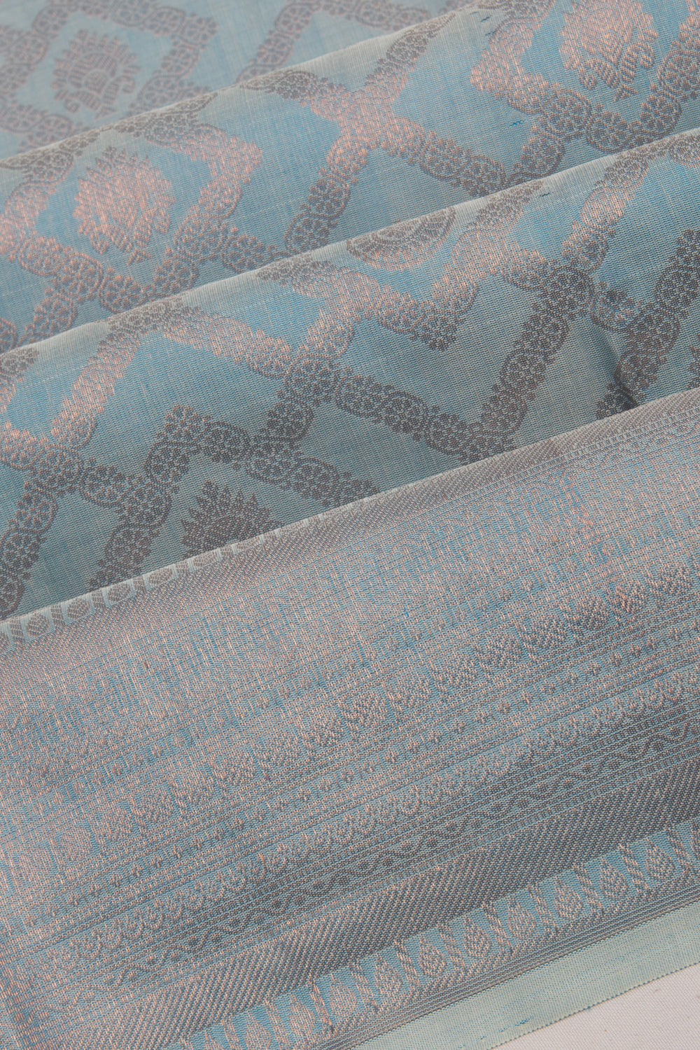 Kanchipuram Silk Tissue Criss Cross Checks And Butta Sky Blue Saree