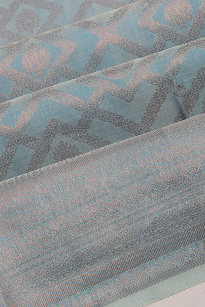 Kanchipuram Silk Tissue Criss Cross Checks And Butta Sky Blue Saree