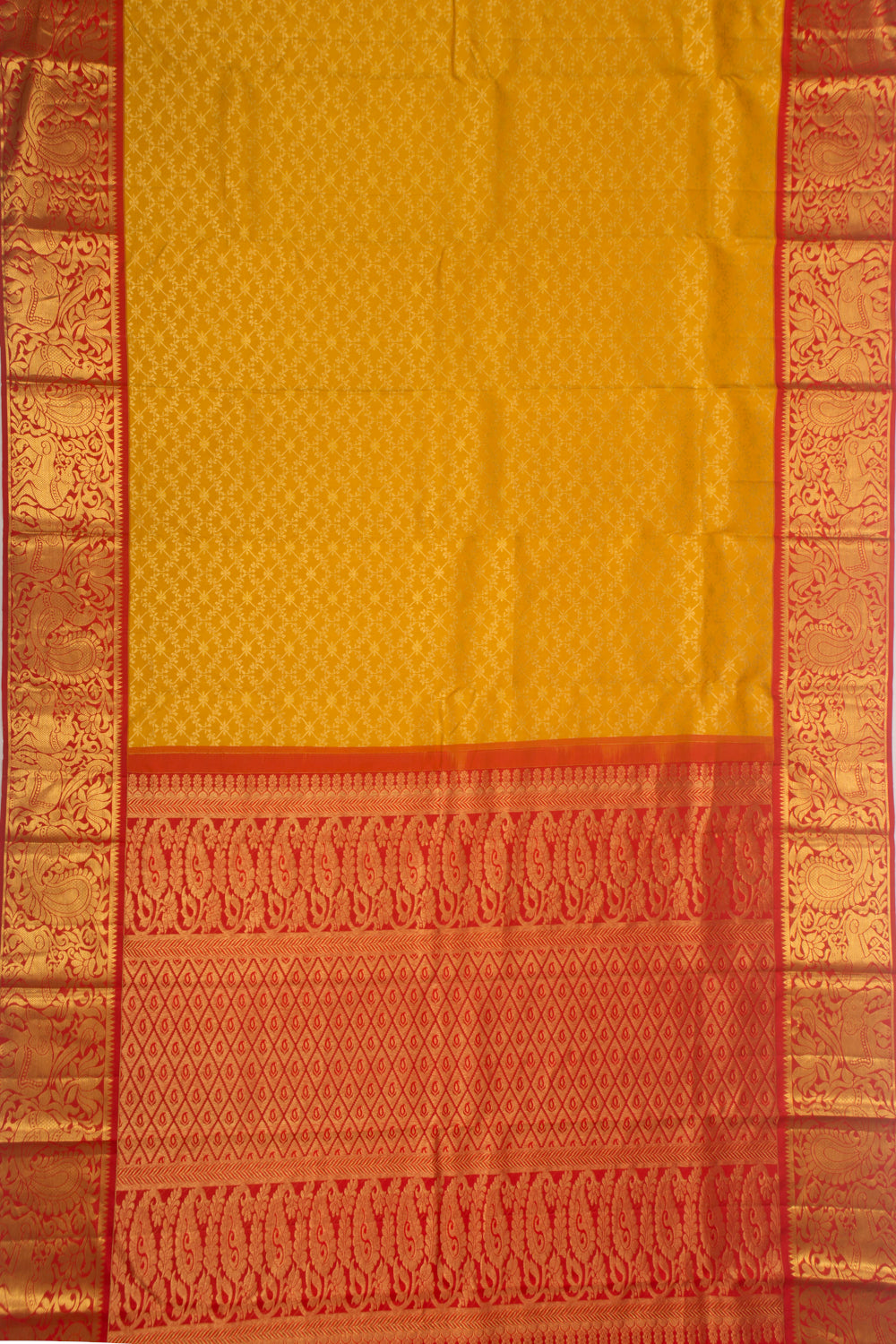 Kanchipuram Silk Criss Cross Checks Mustard Yellow Saree