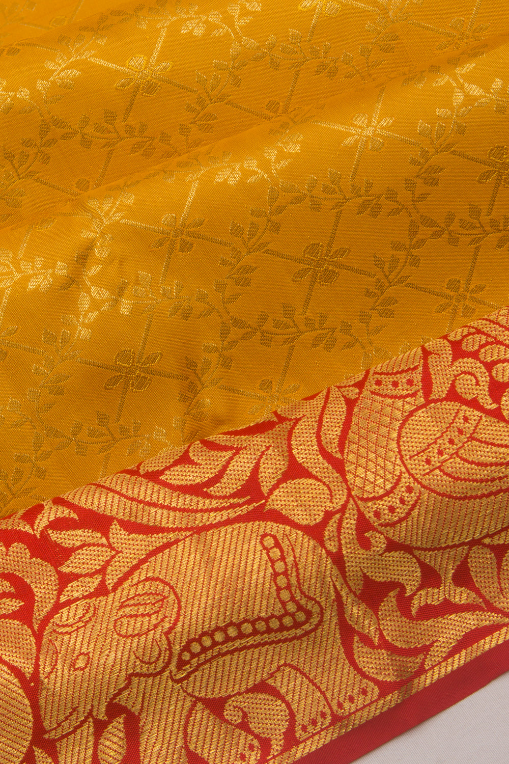 Kanchipuram Silk Criss Cross Checks Mustard Yellow Saree