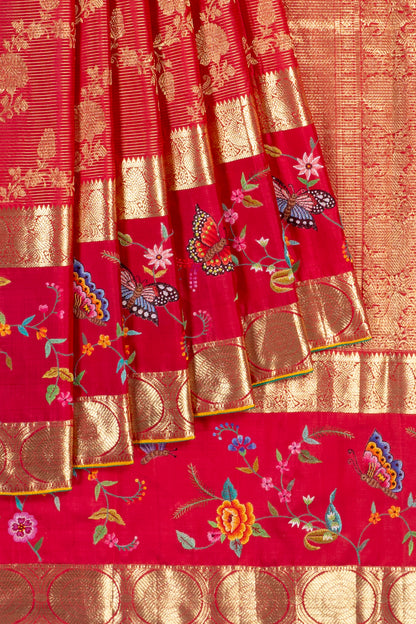 Petit Point Kanchipuram Silk Jaal And Oosi Lines Redish Pink Saree