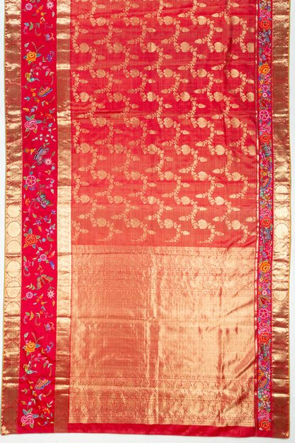 Petit Point Kanchipuram Silk Jaal And Oosi Lines Redish Pink Saree