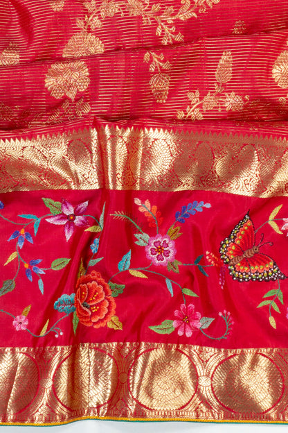 Petit Point Kanchipuram Silk Jaal And Oosi Lines Redish Pink Saree