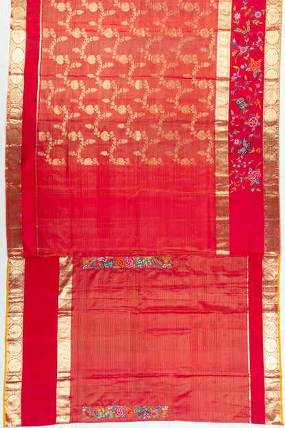 Petit Point Kanchipuram Silk Jaal And Oosi Lines Redish Pink Saree