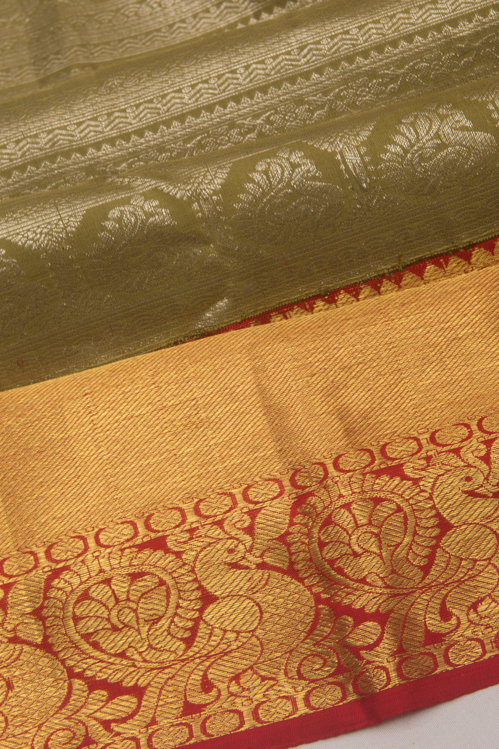 Kanchipuram Silk Horizontal Lines and Butta Mehendi Green Saree