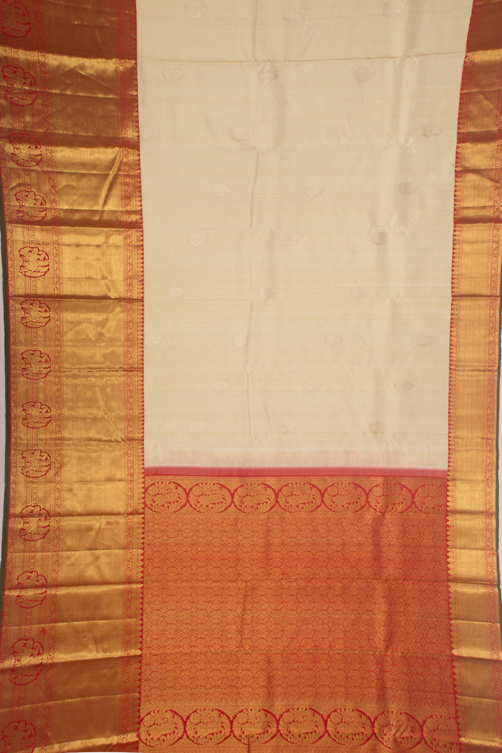 Kanchipuram Silk Vertical Lines and Butta Cream Saree