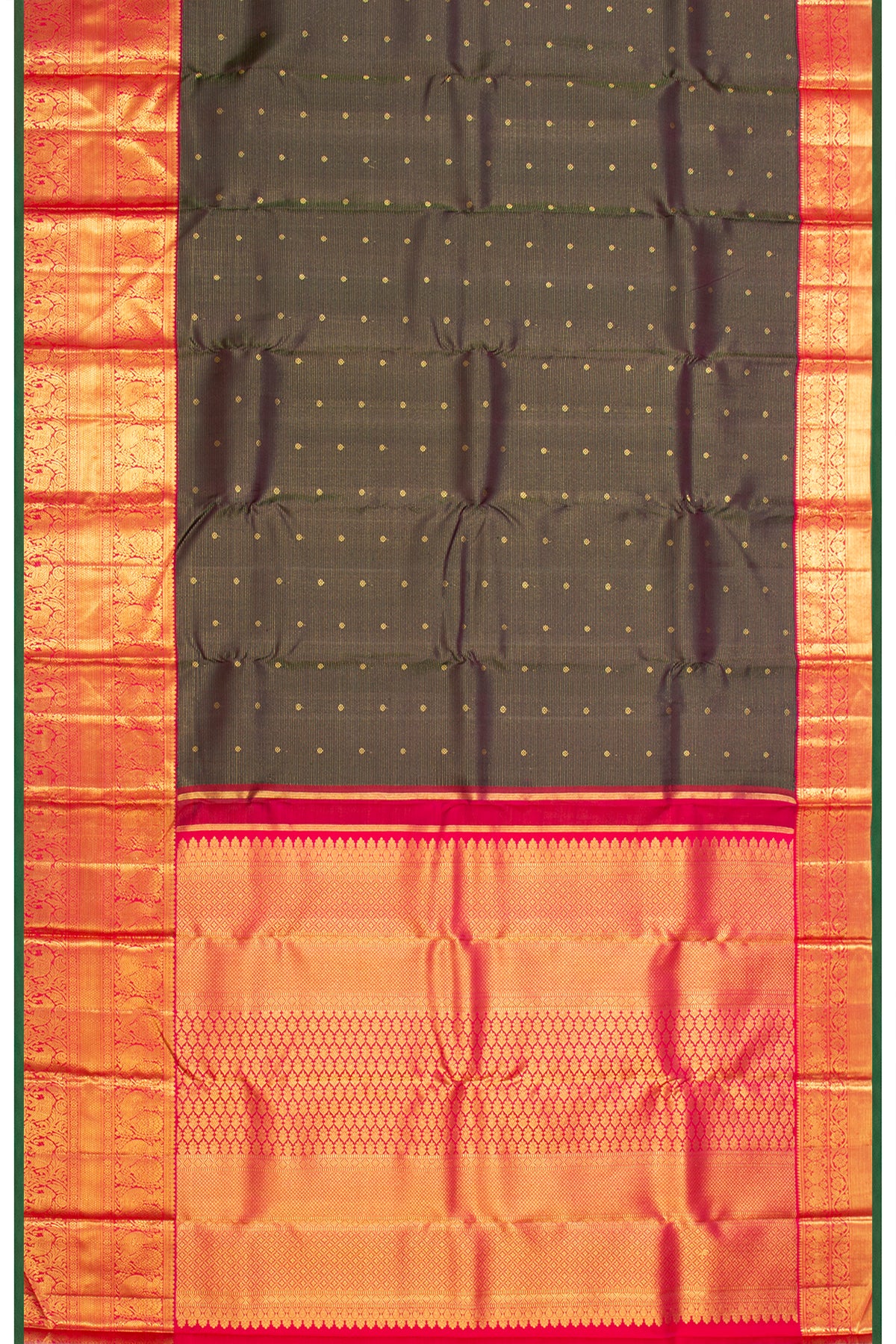 Kanchipuram Silk Oosi Lines And Butta Bottle Green Saree