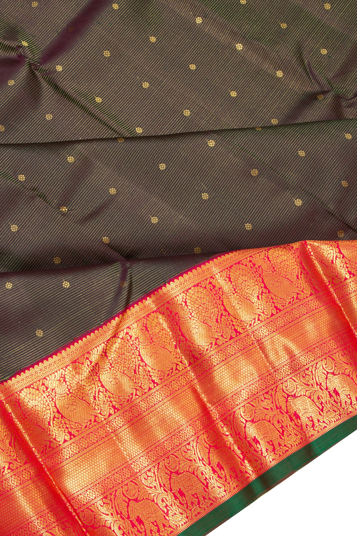 Kanchipuram Silk Oosi Lines And Butta Bottle Green Saree