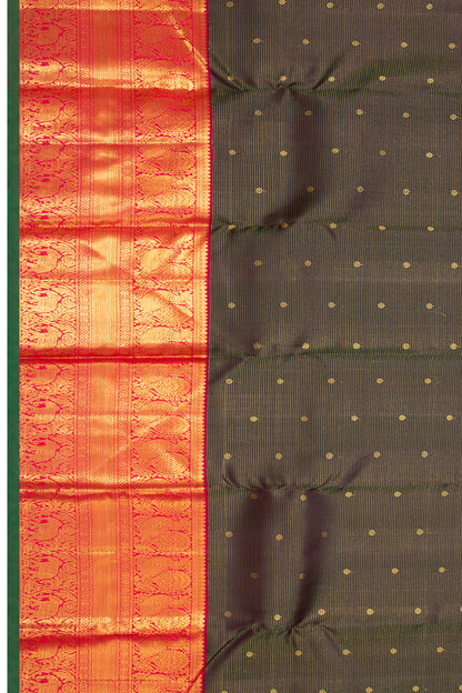 Kanchipuram Silk Oosi Lines And Butta Bottle Green Saree
