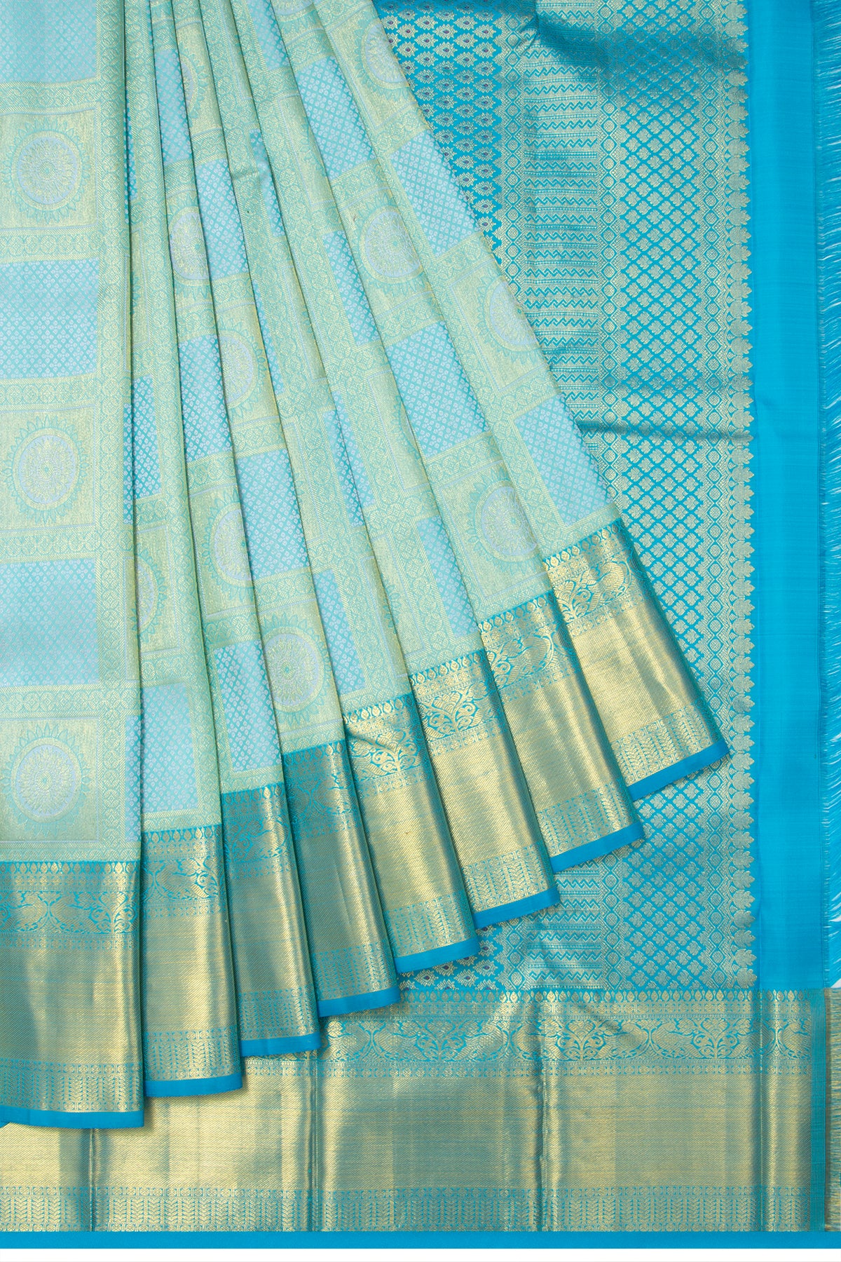 Kanchipuram Silk Checks And Brocade Pastel Blue Saree