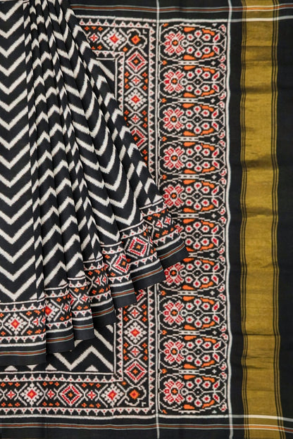Patan Patola Silk Double Ikat Chevron Black Saree