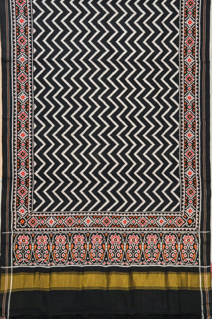 Patan Patola Silk Double Ikat Chevron Black Saree