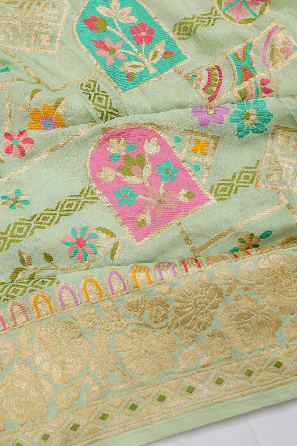 Banarasi Tussar Georgette Floral Brocade Pastel Green Saree