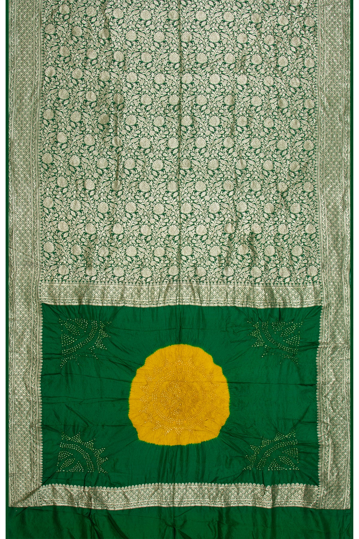 Banarasi Georgette Brocade Green Saree With Bandhani Pallu