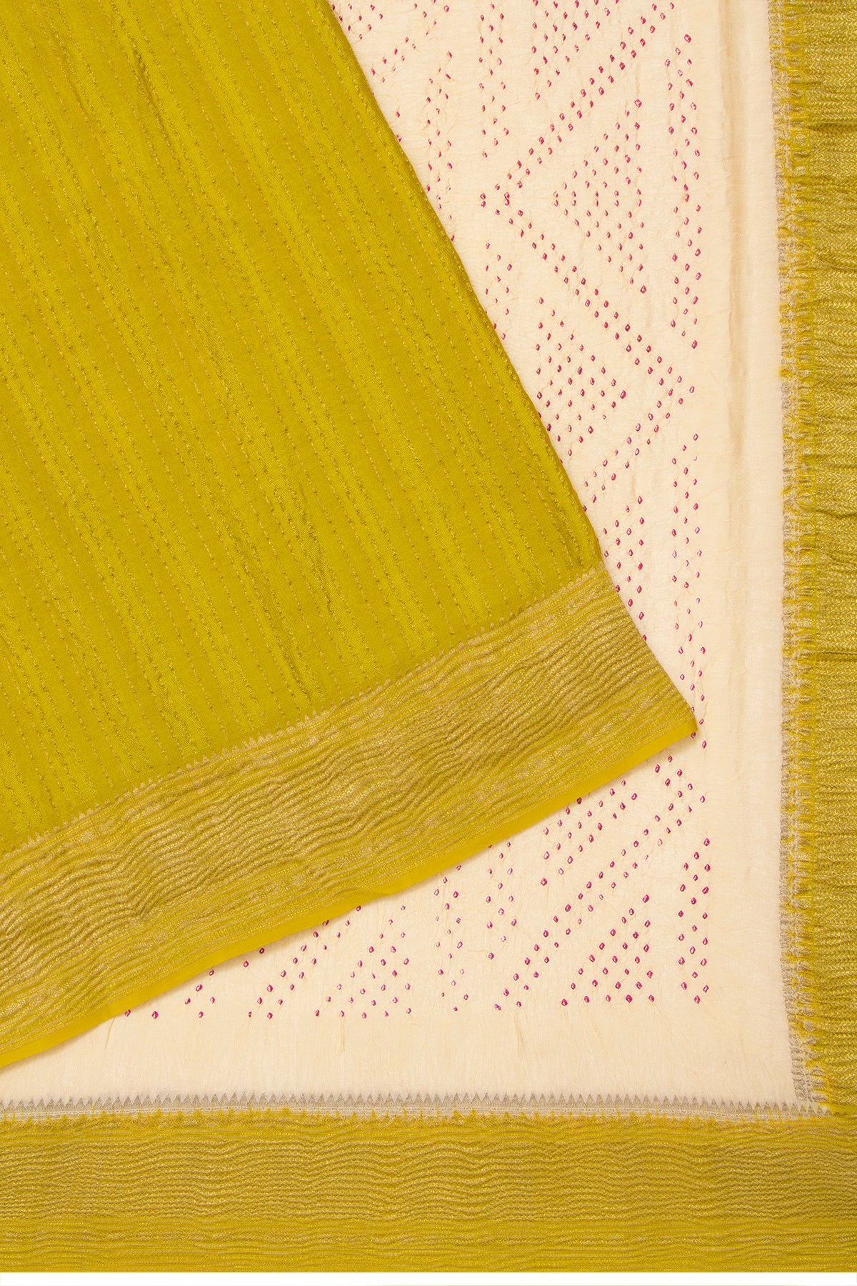 Georgette Vertical Lines Mehandi Green Saree With Bandhani Pallu