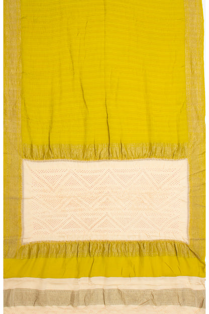 Georgette Vertical Lines Mehandi Green Saree With Bandhani Pallu