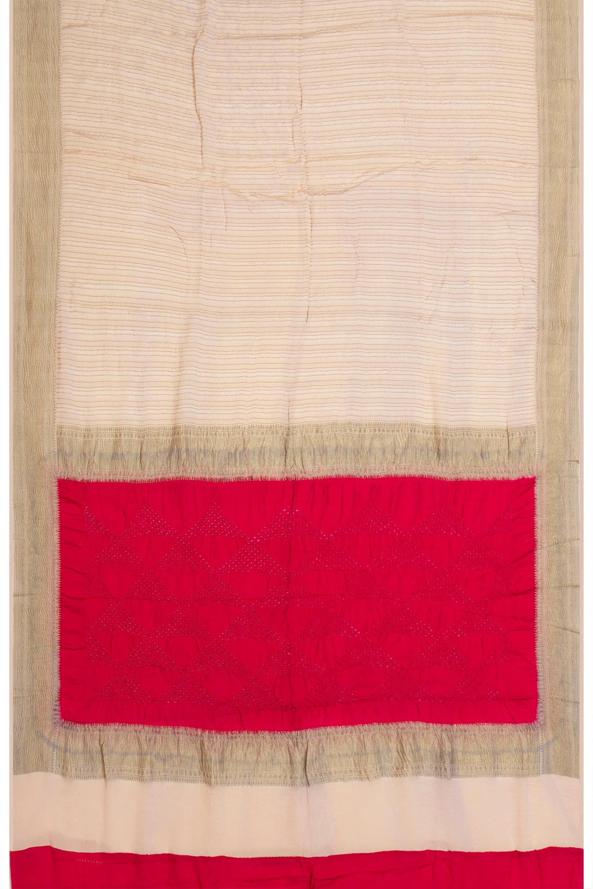 Georgette Vertical Lines Cream Saree With Bandhani Pallu