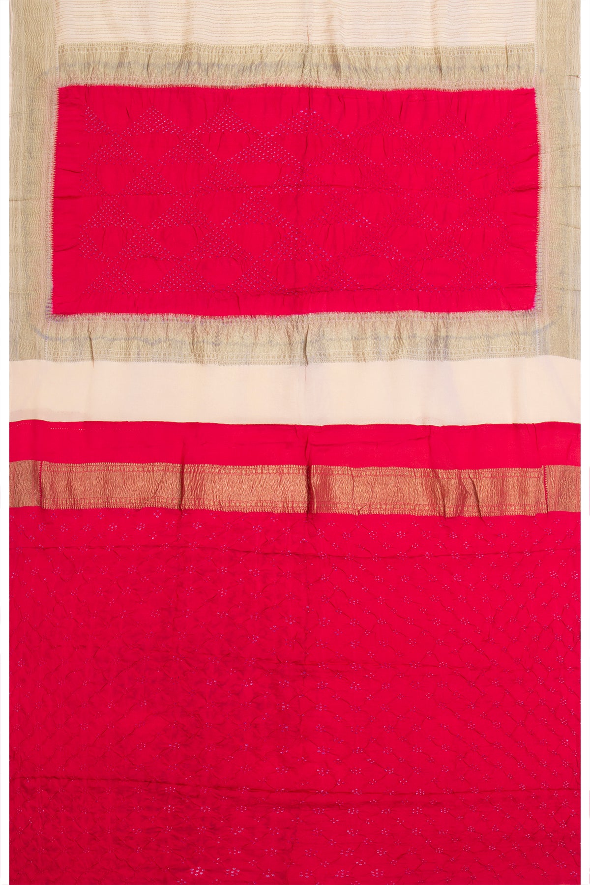 Georgette Vertical Lines Cream Saree With Bandhani Pallu
