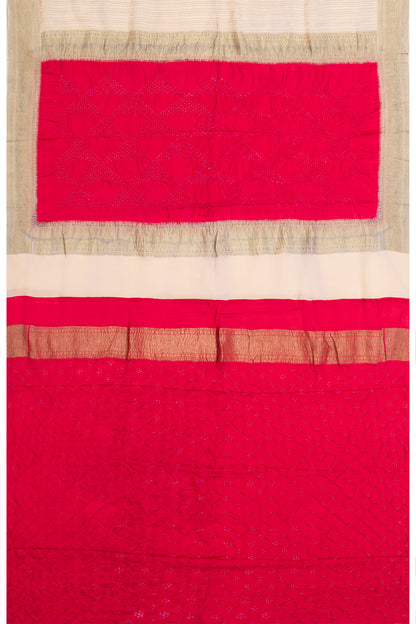 Georgette Vertical Lines Cream Saree With Bandhani Pallu