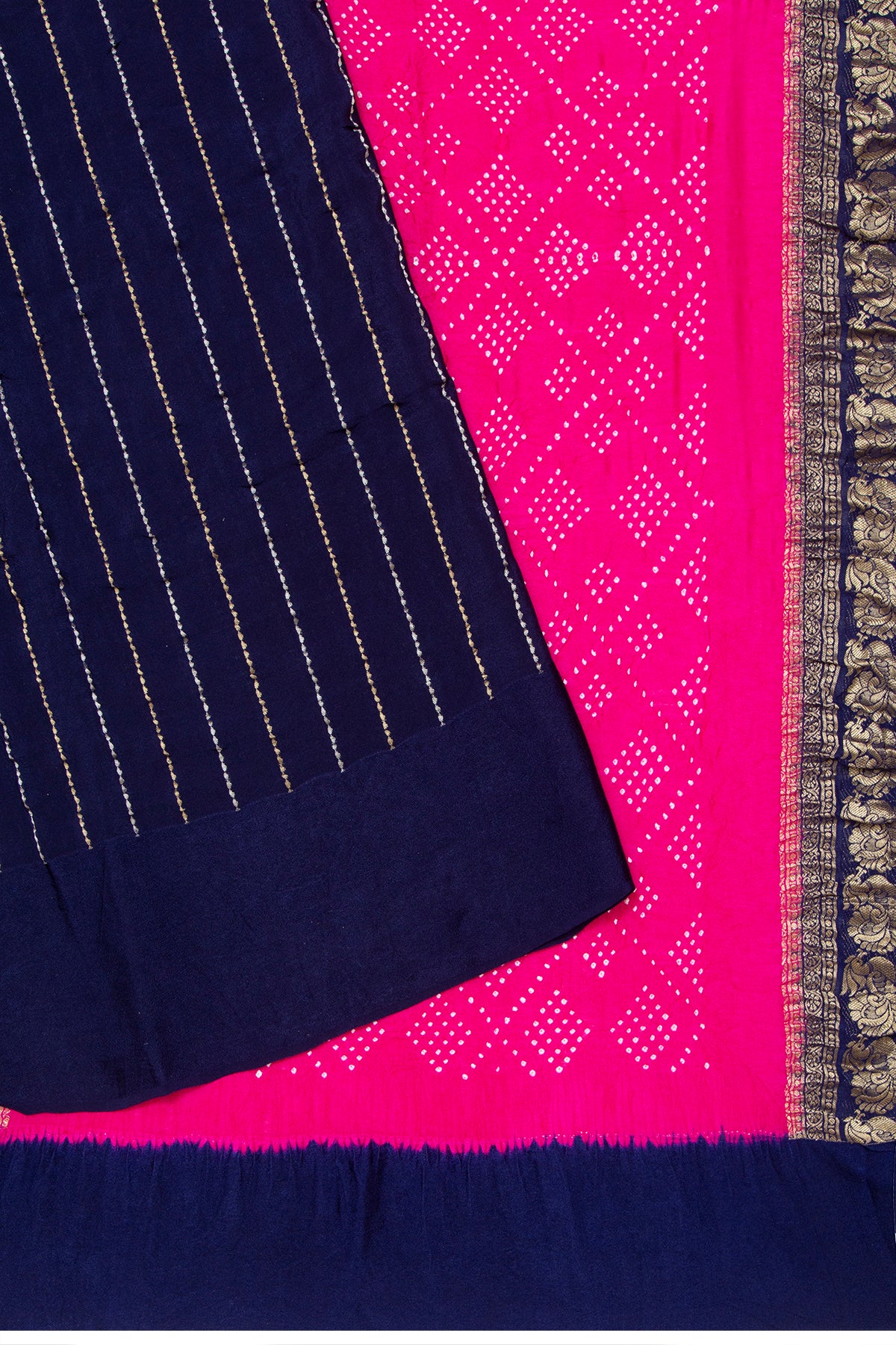 Georgette Vertical Lines Dark Blue Saree With Bandhani Pallu