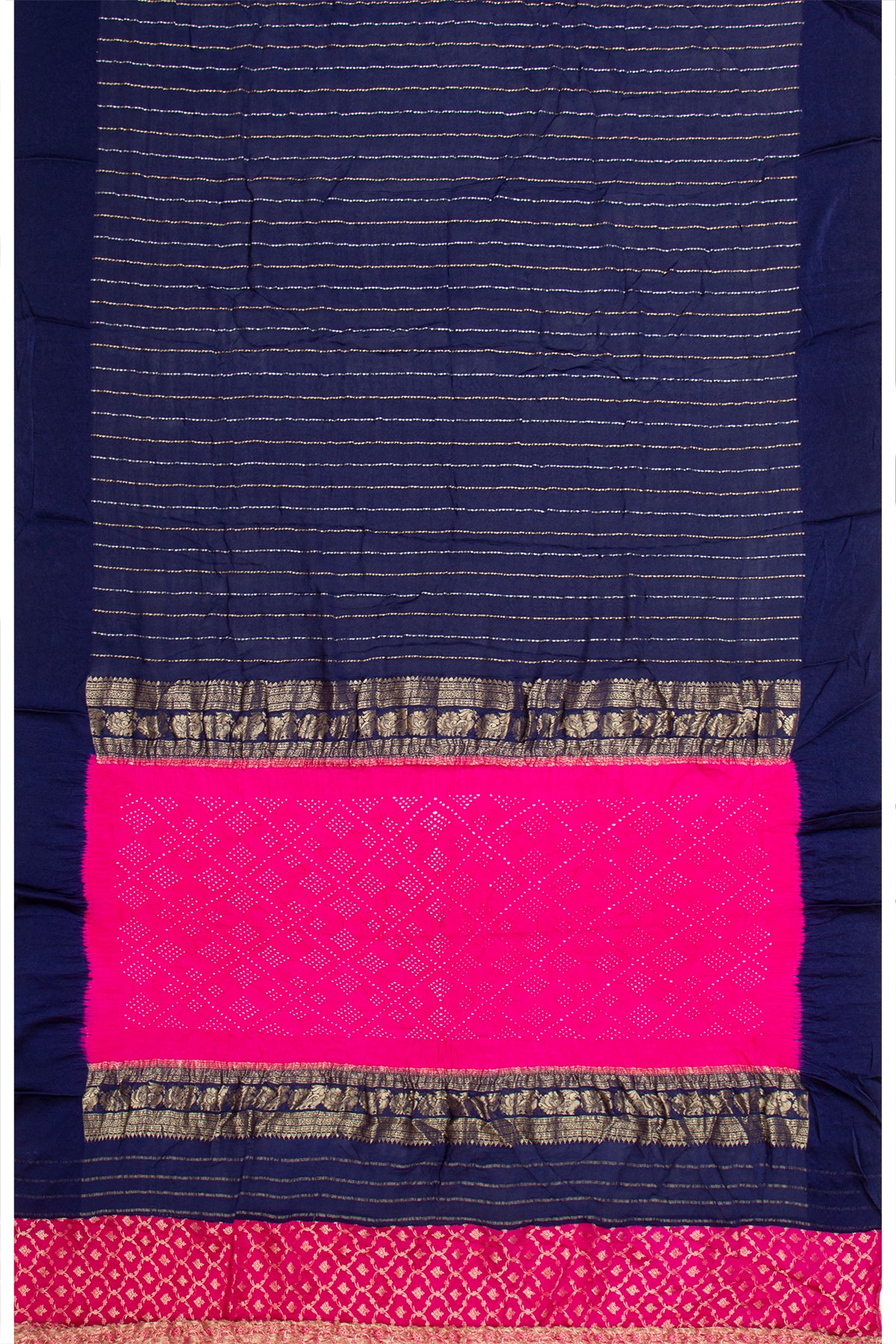 Georgette Vertical Lines Dark Blue Saree With Bandhani Pallu