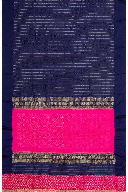 Georgette Vertical Lines Dark Blue Saree With Bandhani Pallu