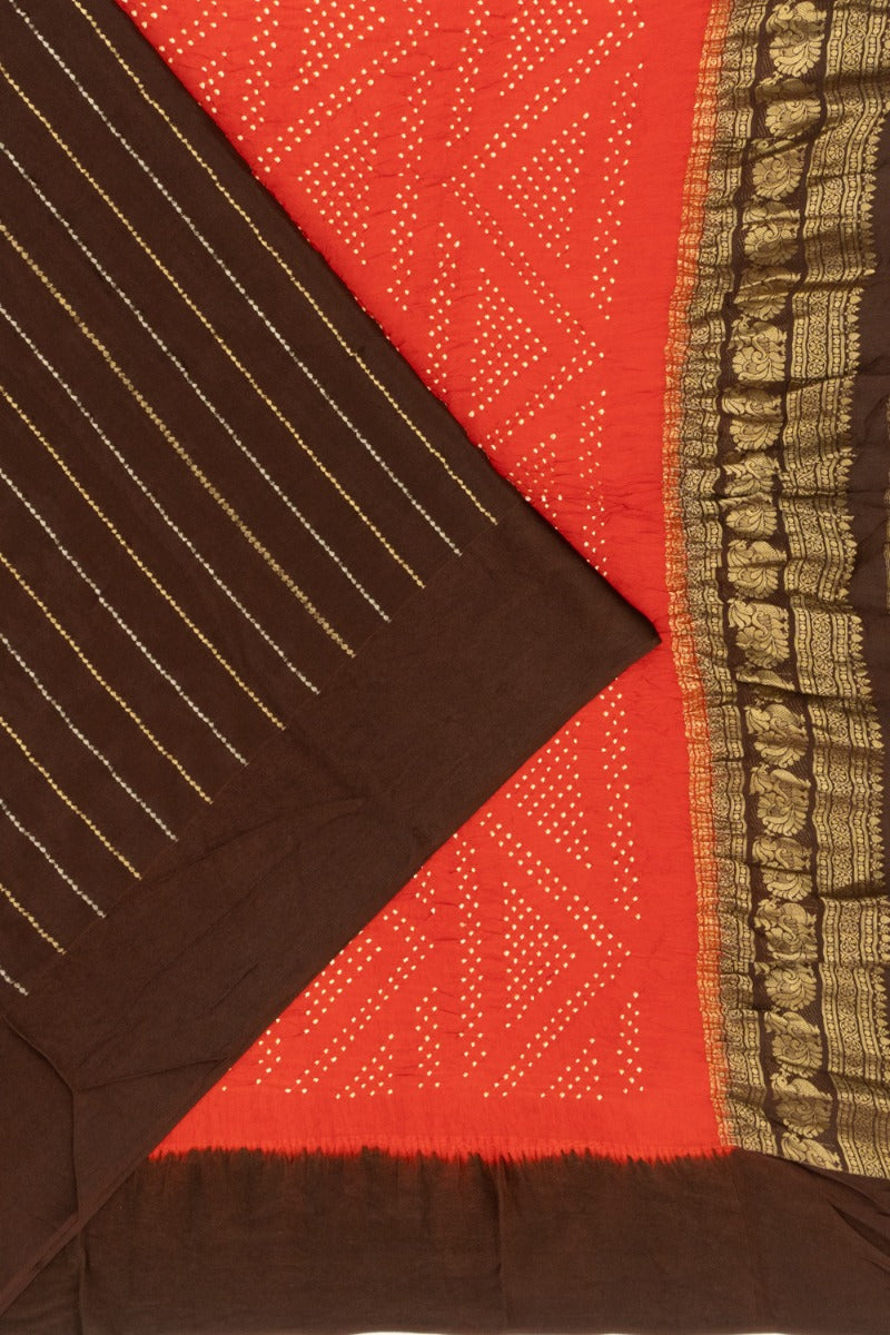 Georgette Vertical Lines Coffee Brown Saree With Bandhani Pallu