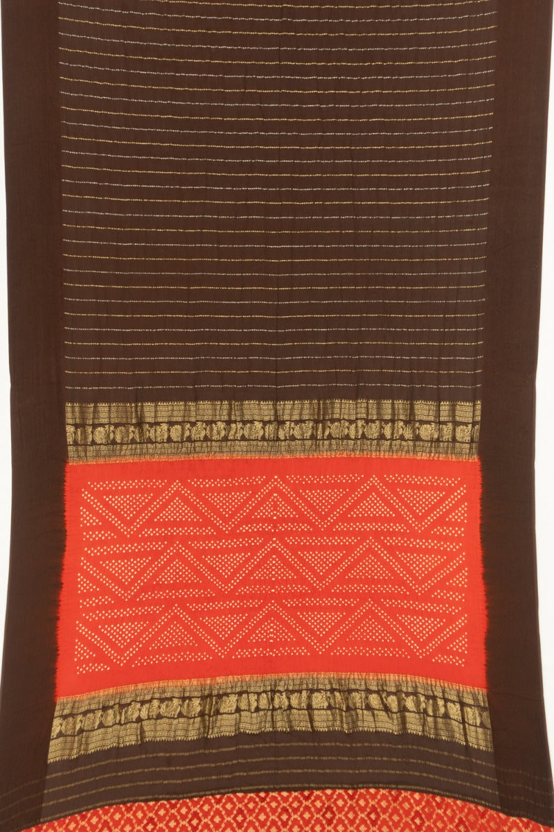Georgette Vertical Lines Coffee Brown Saree With Bandhani Pallu