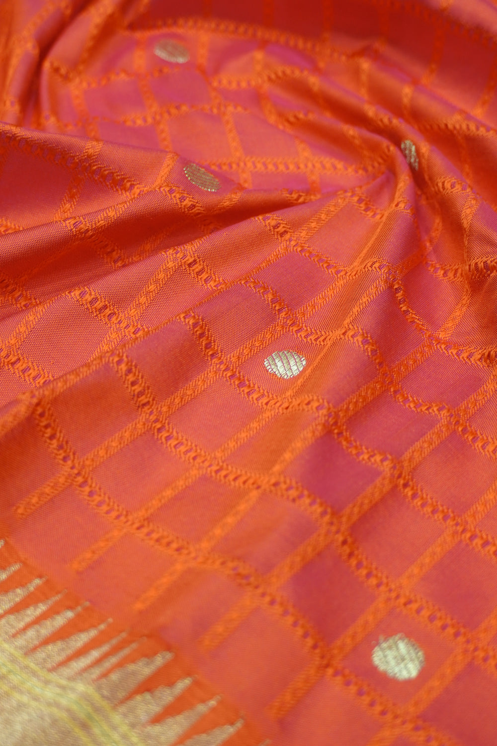 Paithani Silk Checks And Butta Orange Saree With Single Muniya Border
