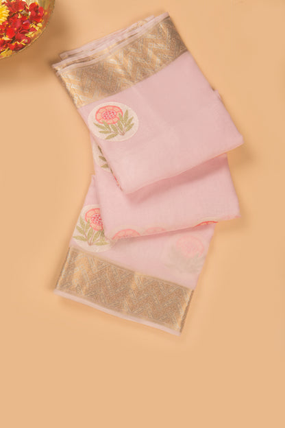 Organza Floral Embroidery Baby Pink Saree
