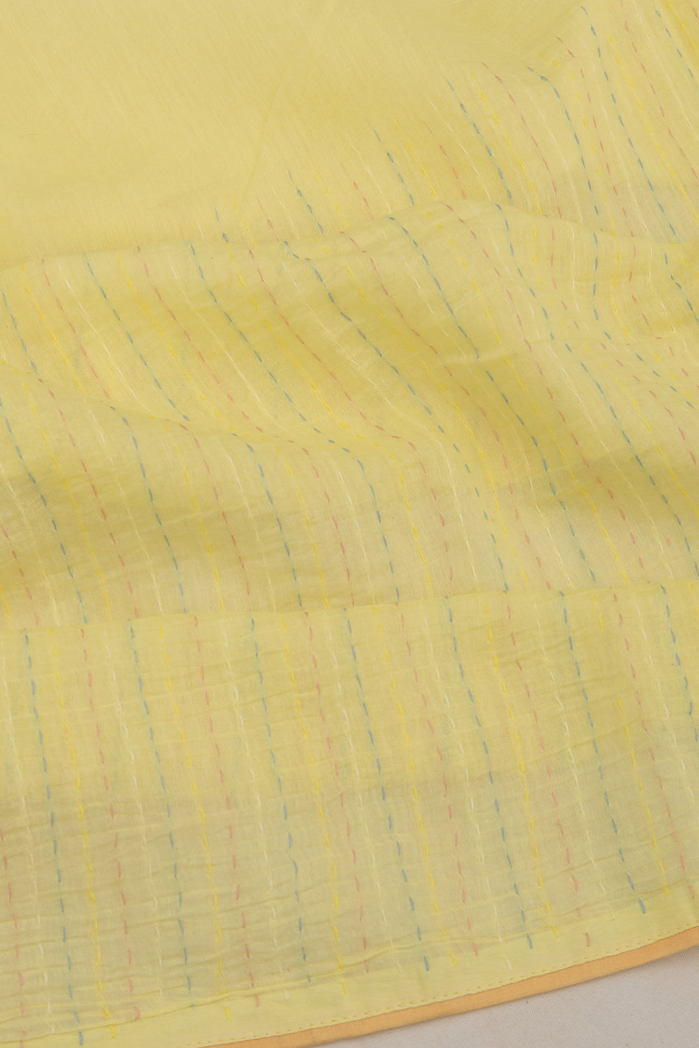 Chanderi Cotton Kantha Work Lemon Yellow Saree