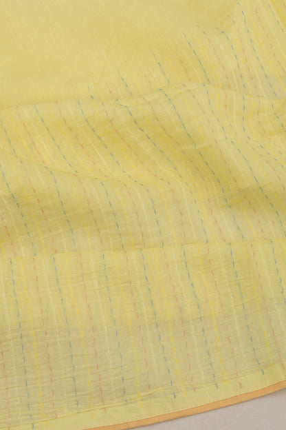 Chanderi Cotton Kantha Work Lemon Yellow Saree