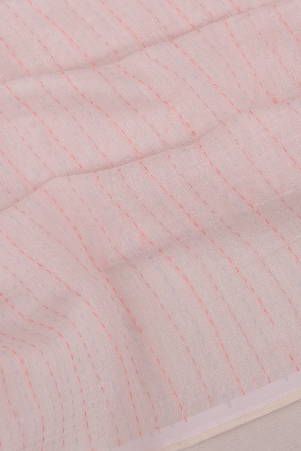 Chanderi Cotton Kantha Work Pastel Pink Saree