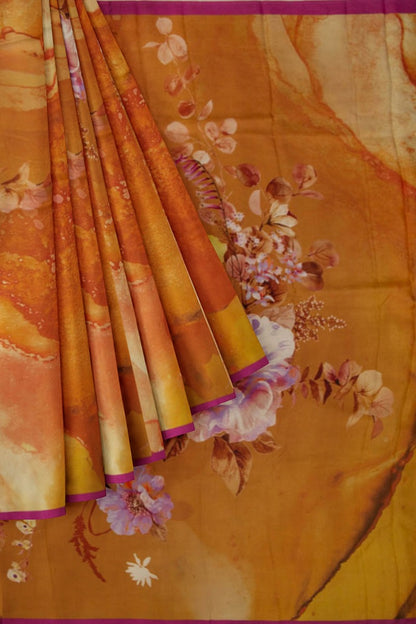 Crepe Floral Printed Mustard Yellow Saree