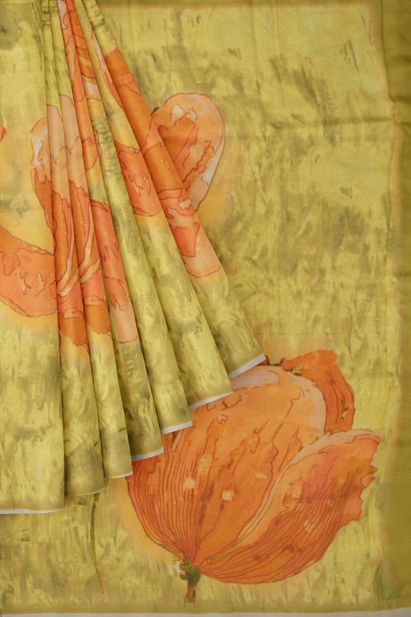 Crape Floral Printed Yellow Saree