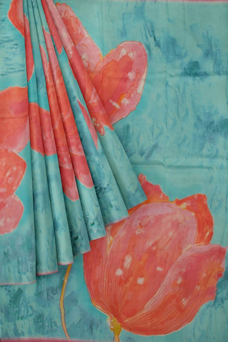 Crepe Floral Printed Sky Blue Saree