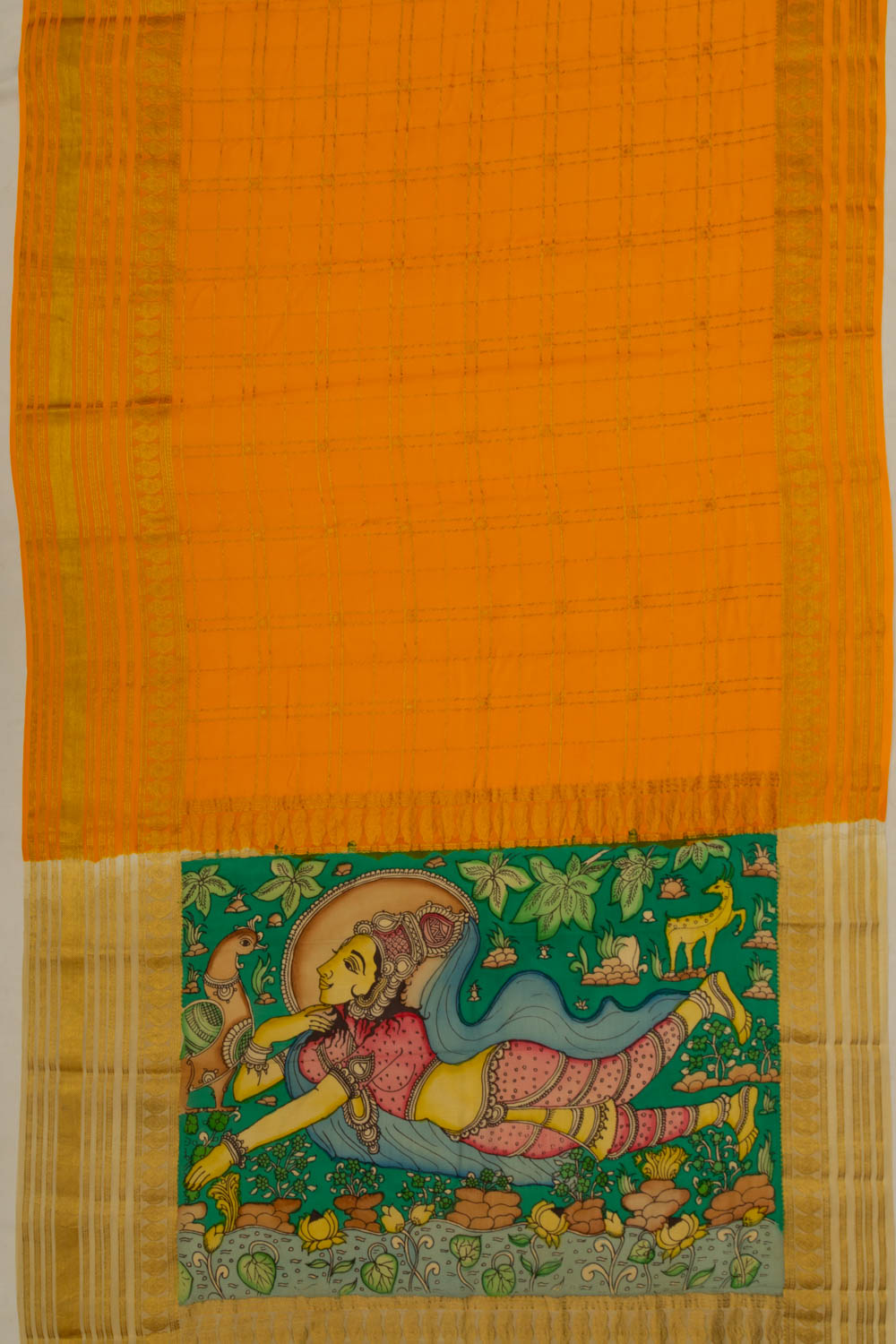 Georgette Checks Mustard Yellow Saree With Kalamkari Pallu