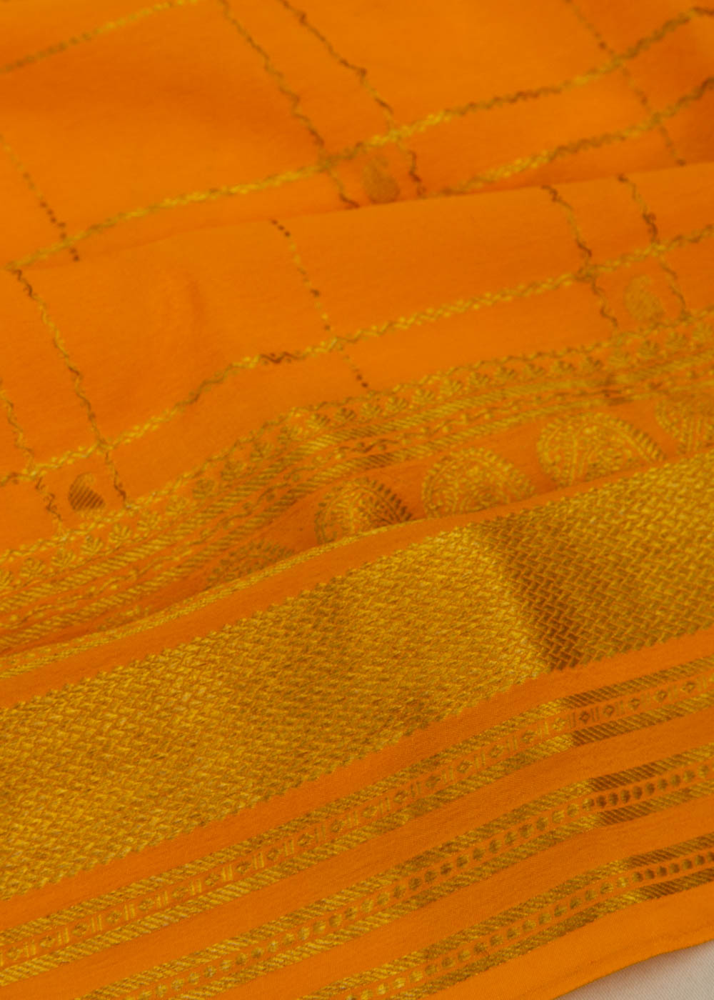 Georgette Checks Mustard Yellow Saree With Kalamkari Pallu